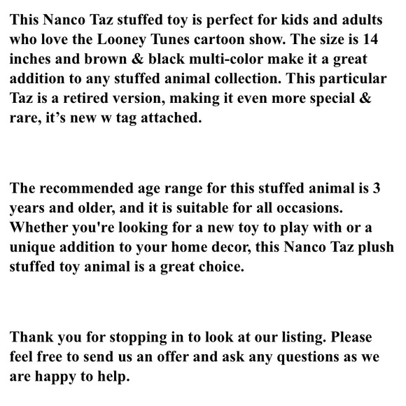 Vintage Nanco TAZ plush toy looney tune Tasmanian devil stuffed animal retro NWT - Picture 11 of 11